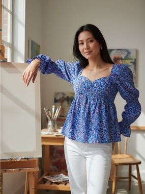 Lily Pulitzer Floral Sweetheart Puff-Sleeve Peplum Top in Blue -100% cotton, NWT
